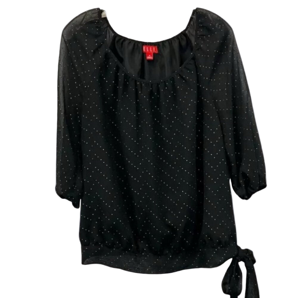 ELLE Blouse Dot Details Sheer Sleeves Scoop Neckline Tie Hem Black & Bronze L